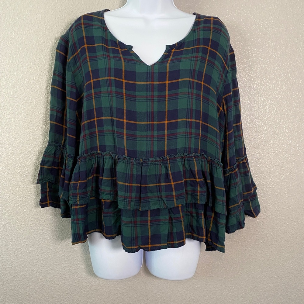 Green‎ Tartan Blouse XL Plaid Outlander Casual Cottagecore Cabincore Ruffle